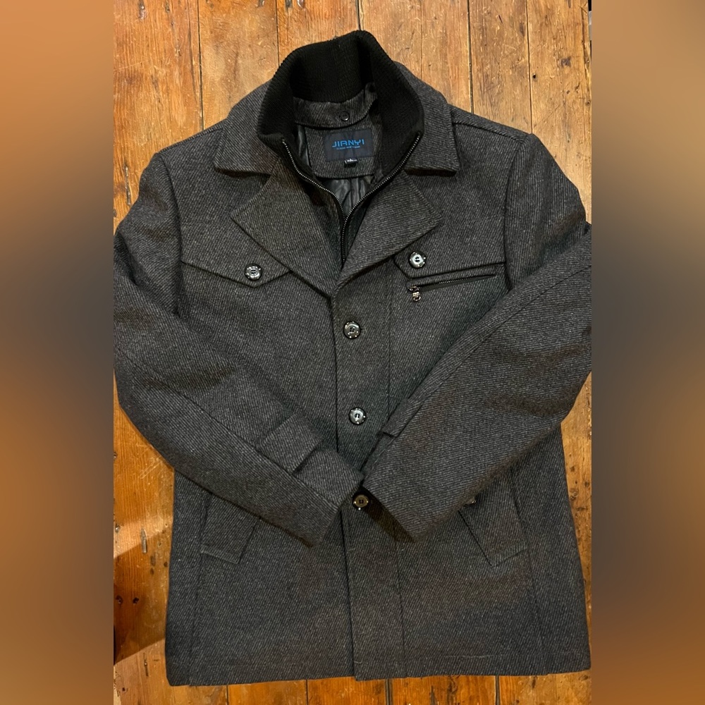 Jianyi Men's Winter Pea Coat Slim Fit Single Breasted Wool Jacket Size Large - Picture 3 of 10